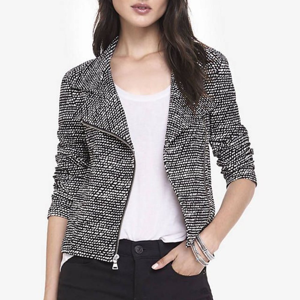 NWT Alice Hope Graphic Black & White Moto style diagonal zip blazer jacket